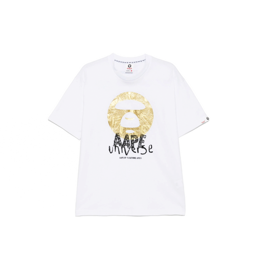 AAPE by A Bathing Ape Universe Gold Moonface Logo Print T-shirt White